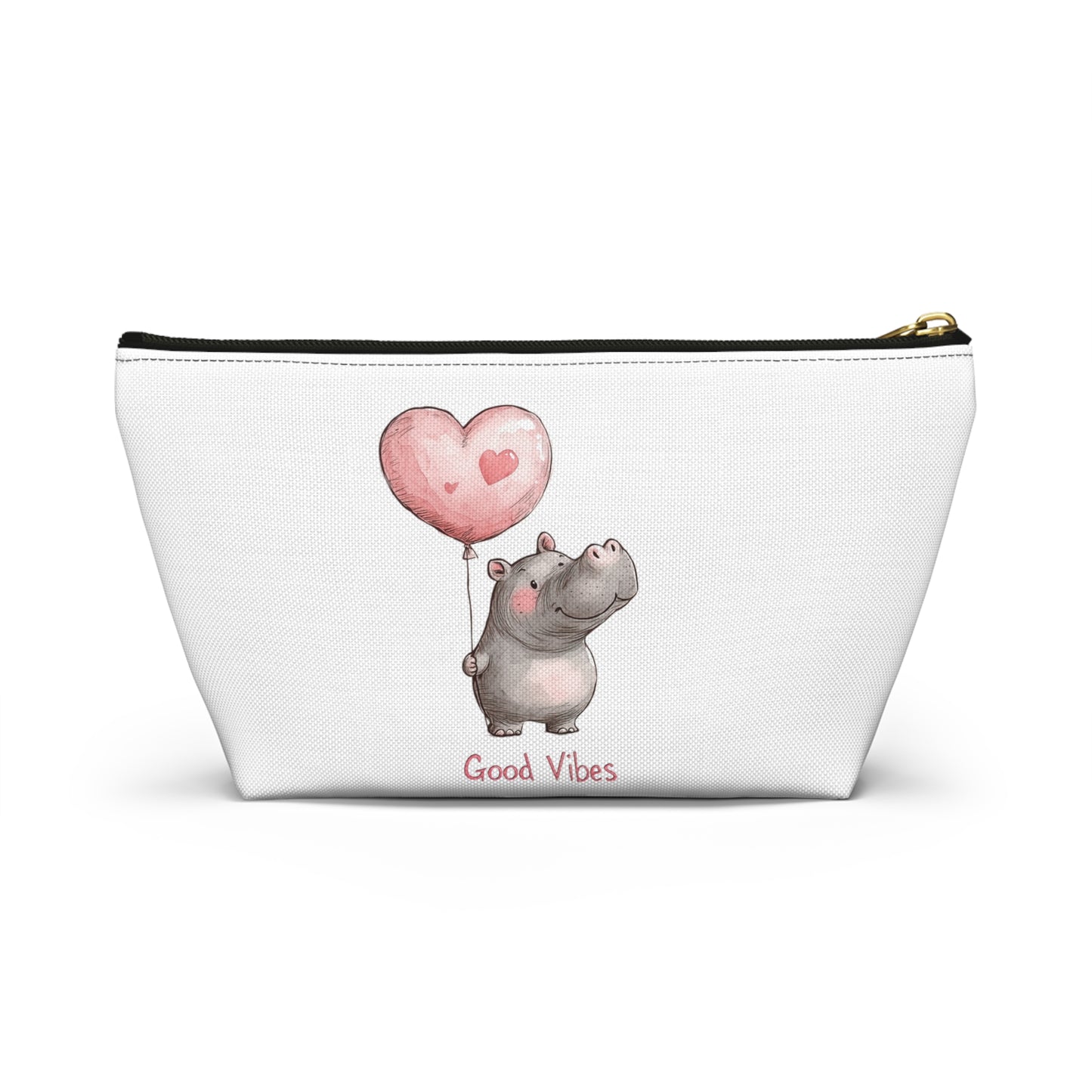 Good Vibes Hippo Accessory Pouch, Cute Makeup Bag, Gift for Animal Lovers, Fun Travel Organizer, Heart Balloon Design