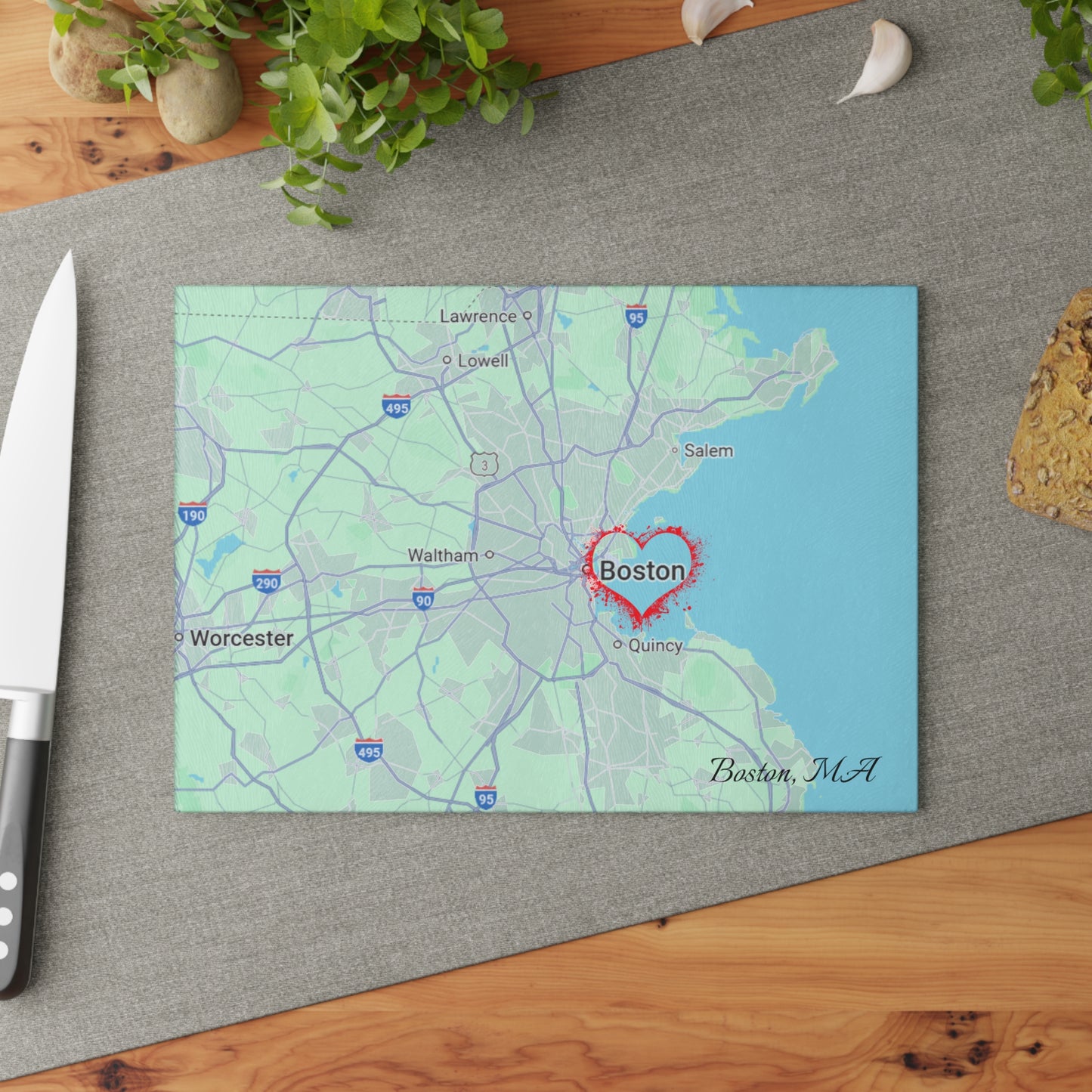 Boston Map Glass Cutting Board, Personalized Kitchen Decor, Gift for Boston Lovers, Wedding Registry, Home Cooking, Handmade Gift