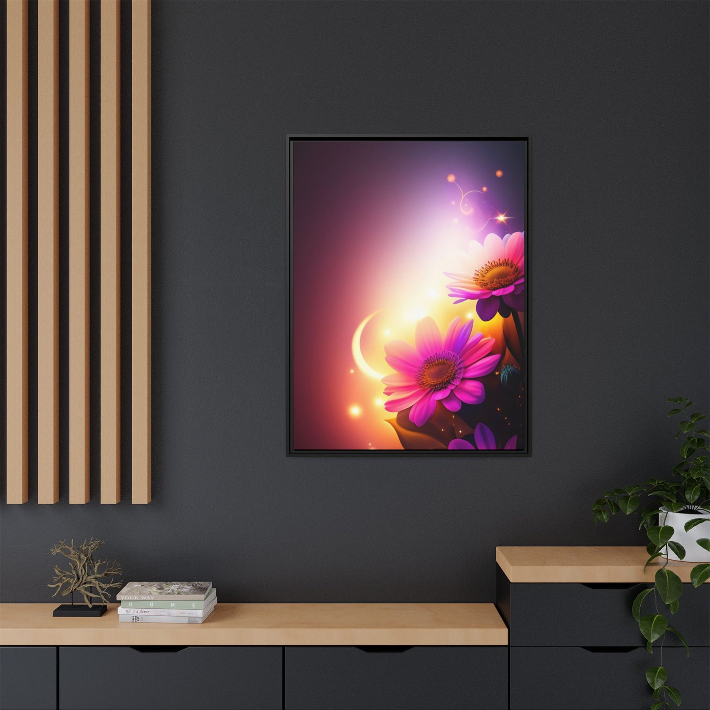 Framed Floral Canvas Art — Pink Daisies Sunset Wall Print