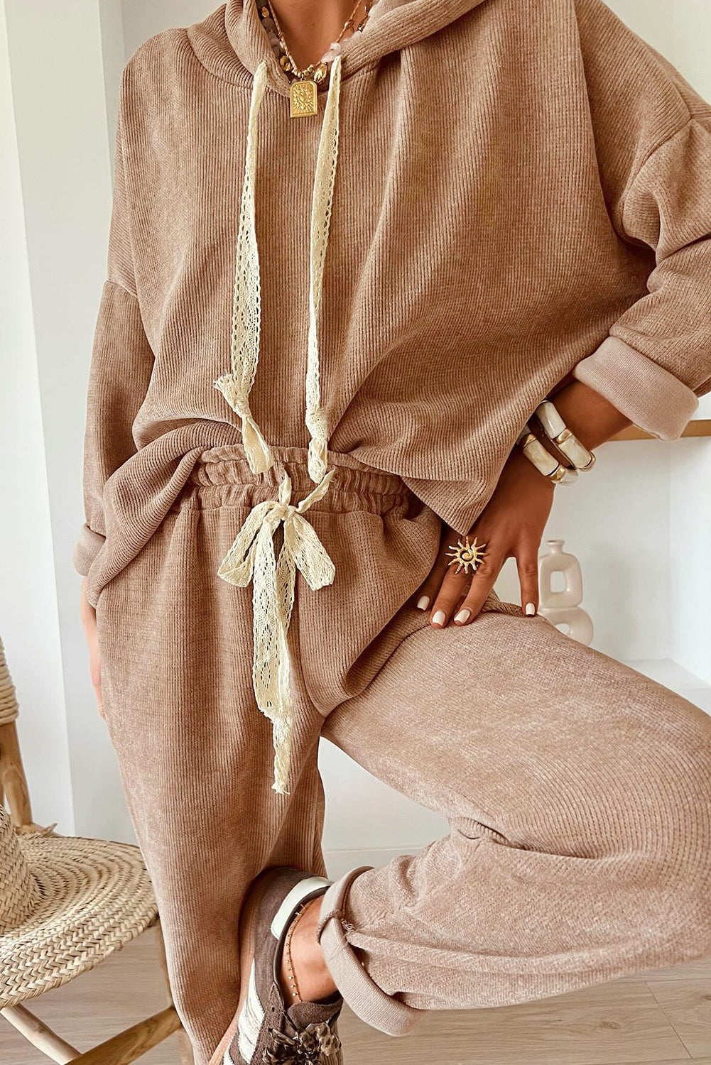 Casual Lace Drawstring Pullover Hoodie and High Waist Pants Corduroy Suit