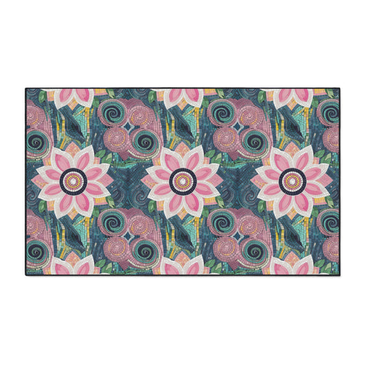 Floral Boho Heavy-Duty Floor Mat — Pink Lotus Pattern Rug