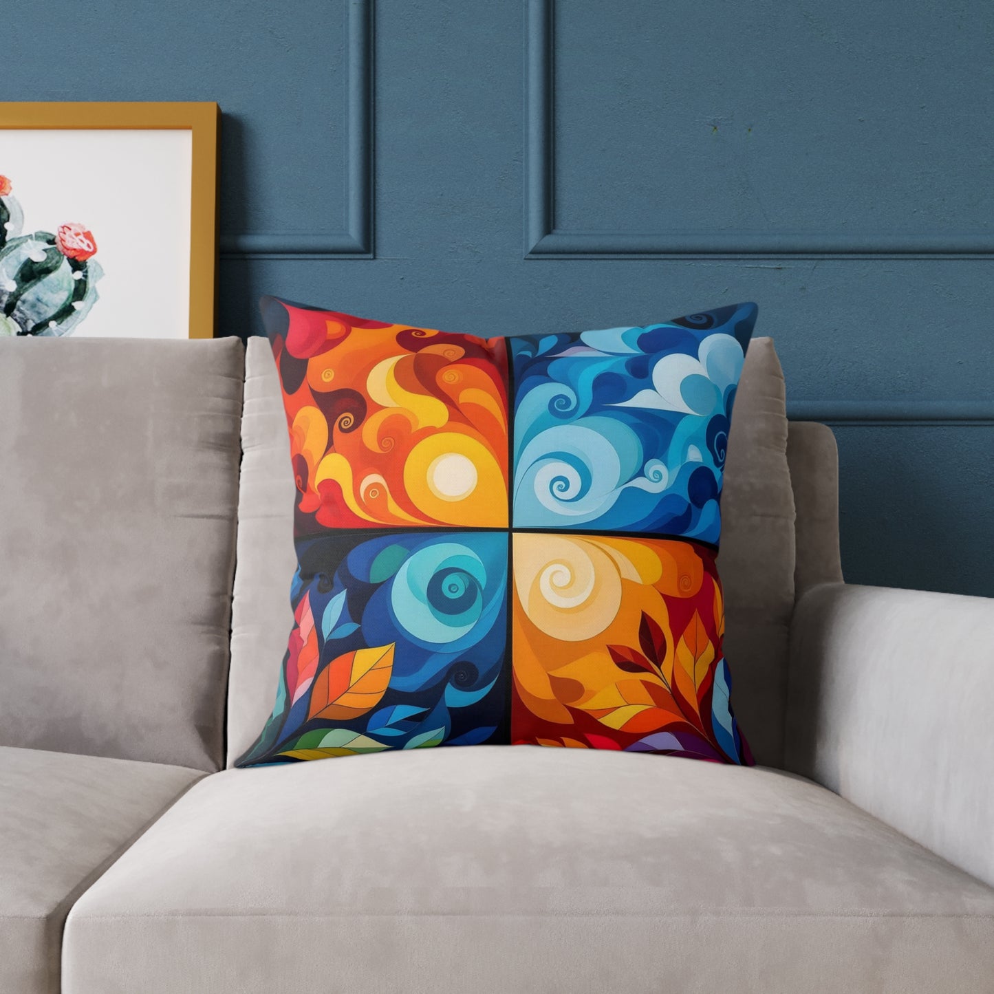 Abstract Seasons Square Pillow — Colorful Four-Panel Decorative Throw Pillow