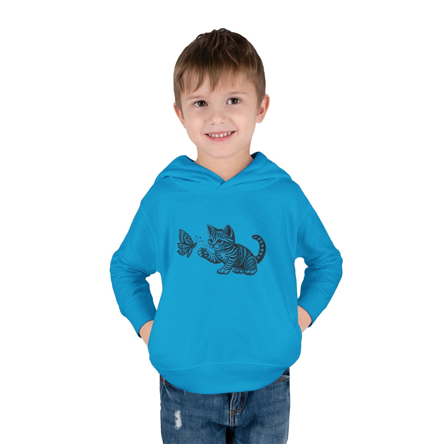Cute Cat and Butterfly Toddler Hoodie, Toddler Pullover, Kids Fleece Hoodie, Animal Lover Gift, Playtime Pullover