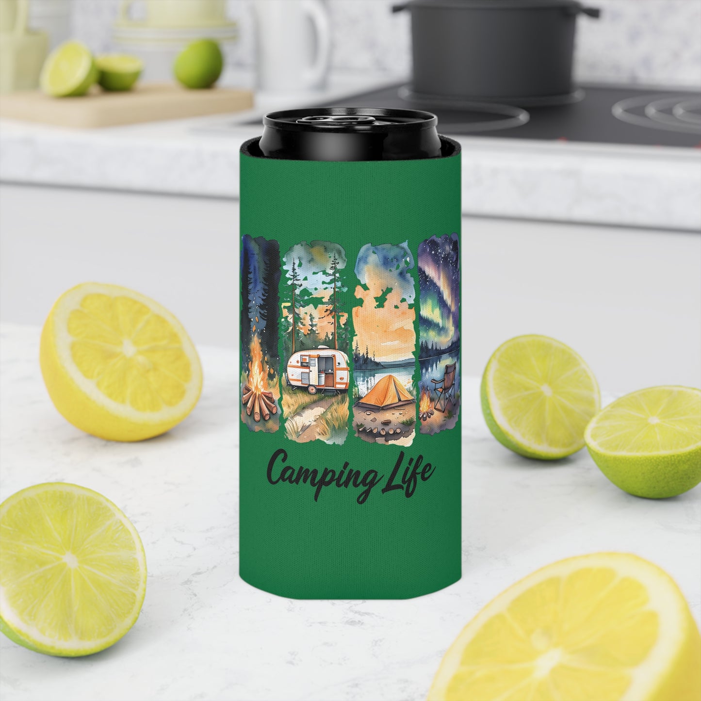 Camping Life Can Cooler – Insulated Beer Cooler with Campsite Watercolor Design