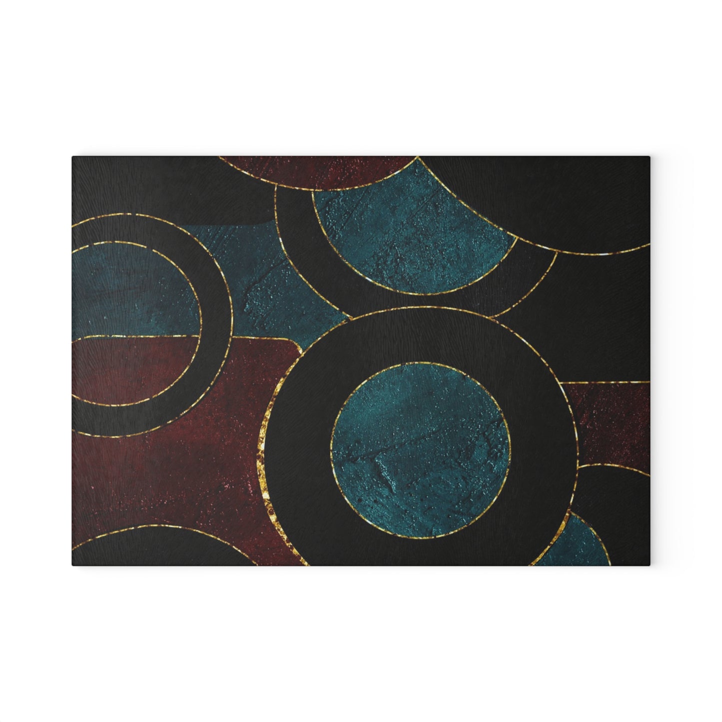Geometric Circles Glass Cutting Board — Modern Teal & Burgundy Kitchen Decor