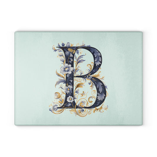 Monogram B Glass Cutting Board – Floral Vintage Initials Decorative Kitchen Pastry Board