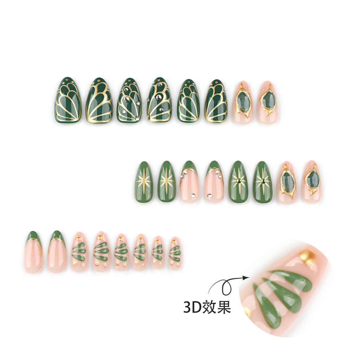 Green Gem Inspired Nails with Gold Metallic Accent Details – Image 2