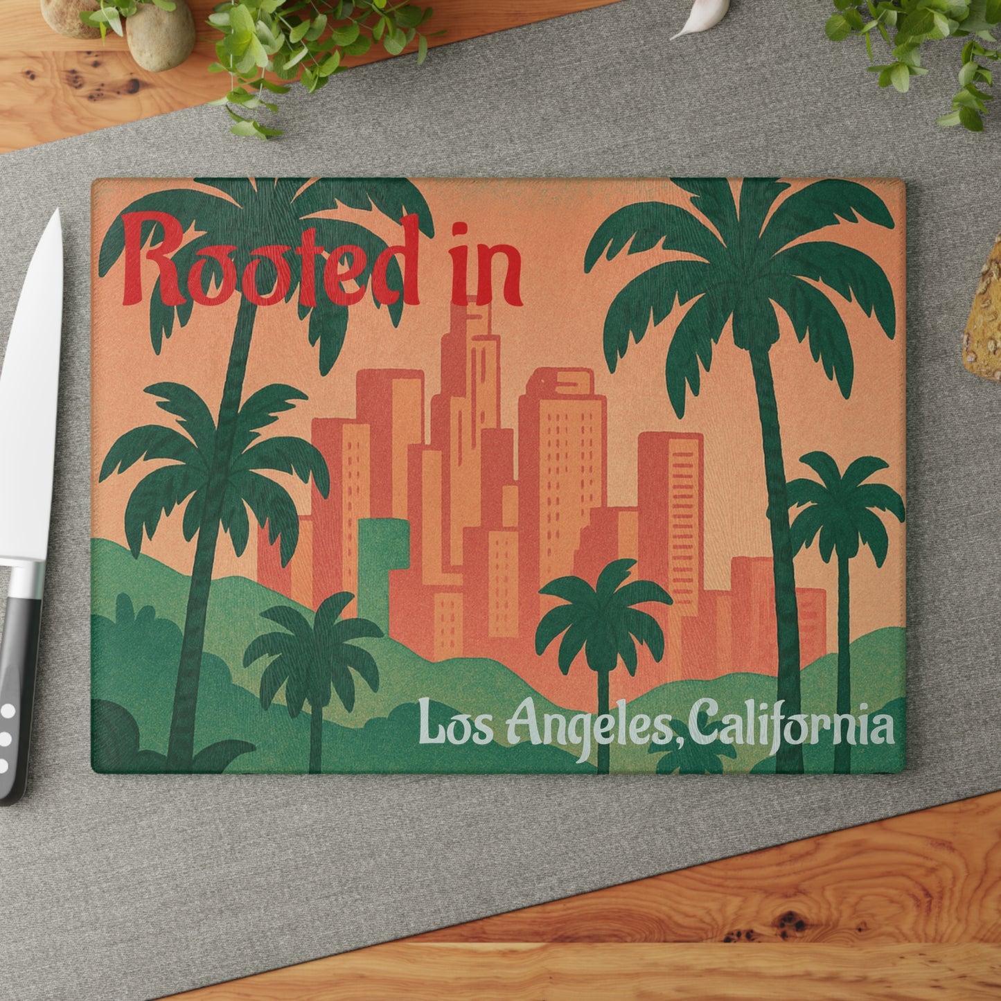 Los Angeles Themed Glass Cutting Board, Home Decor, Kitchen Gift, Housewarming Present, Tropical Kitchenware, Palm Tree Design