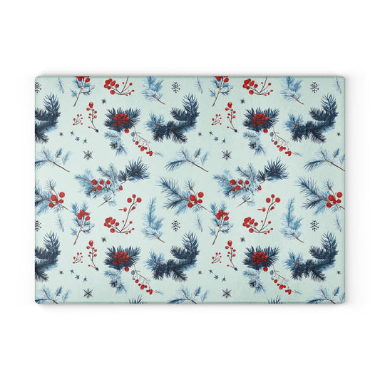 Winter Berries Glass Cutting Board — Festive Pine & Holly Kitchen Cutting Board