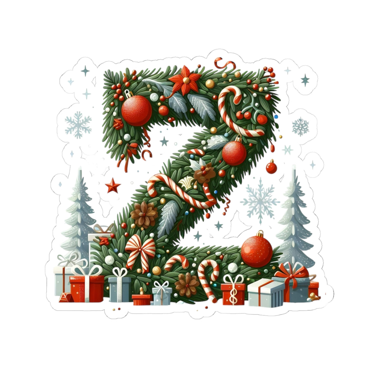 Christmas Wreath Letter Z Kiss-Cut Sticker — Holiday Initial Decal