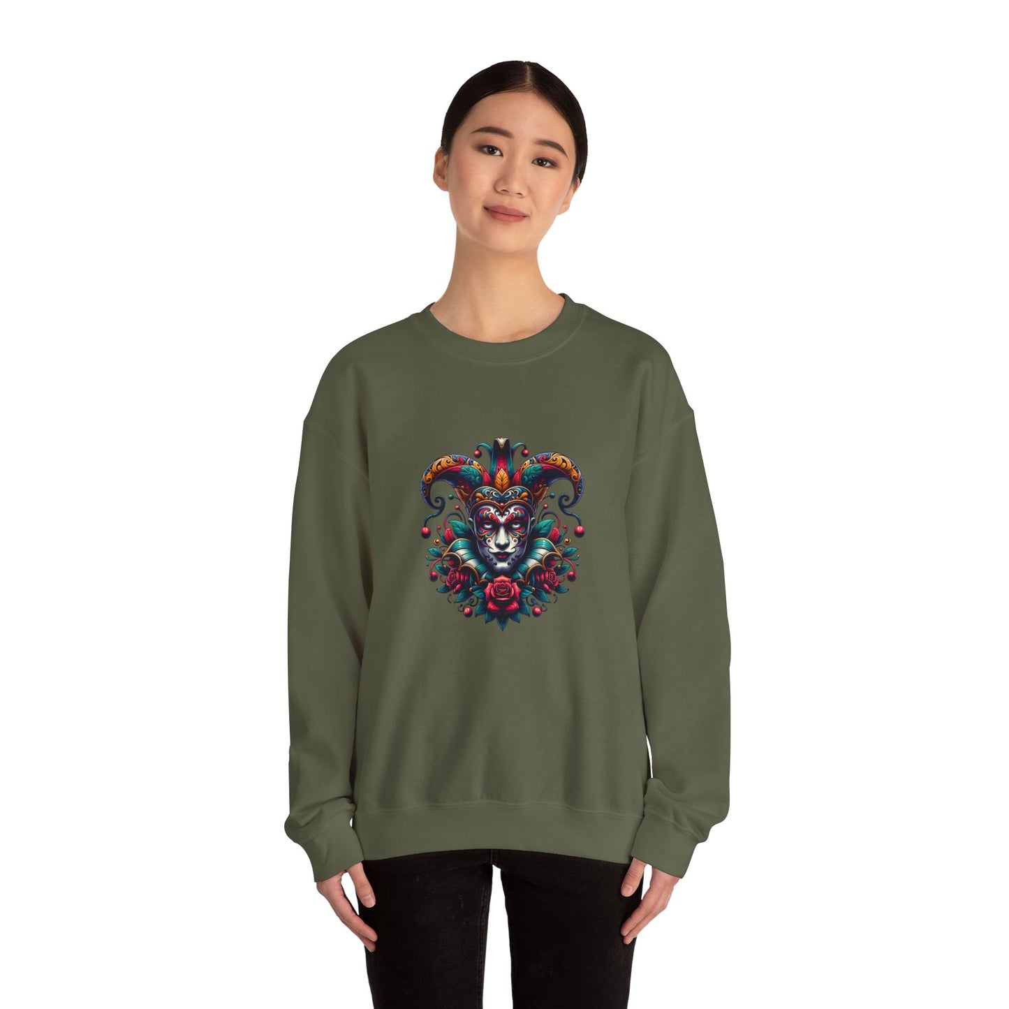 Colorful Jester Sweatshirt, Unisex Heavy Blend Crewneck, Unique Art Apparel, Trendy Fashion, Cozy Gift for Adults