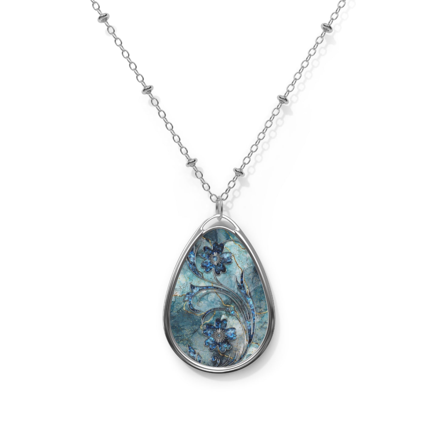 Blue Floral Oval Necklace, Boho Jewelry, Stylish Pendant