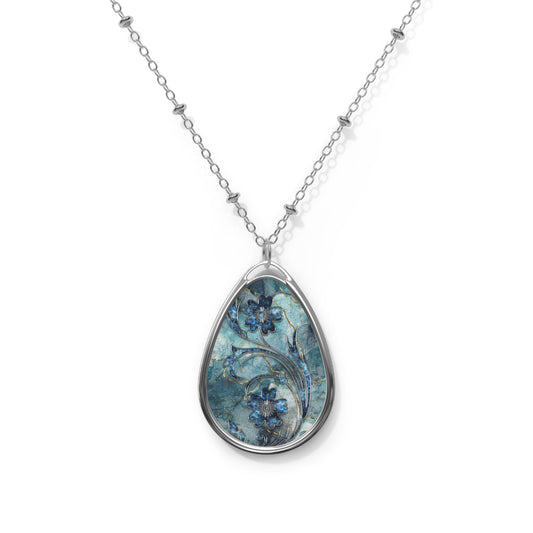 Blue Floral Oval Necklace, Boho Jewelry, Stylish Pendant