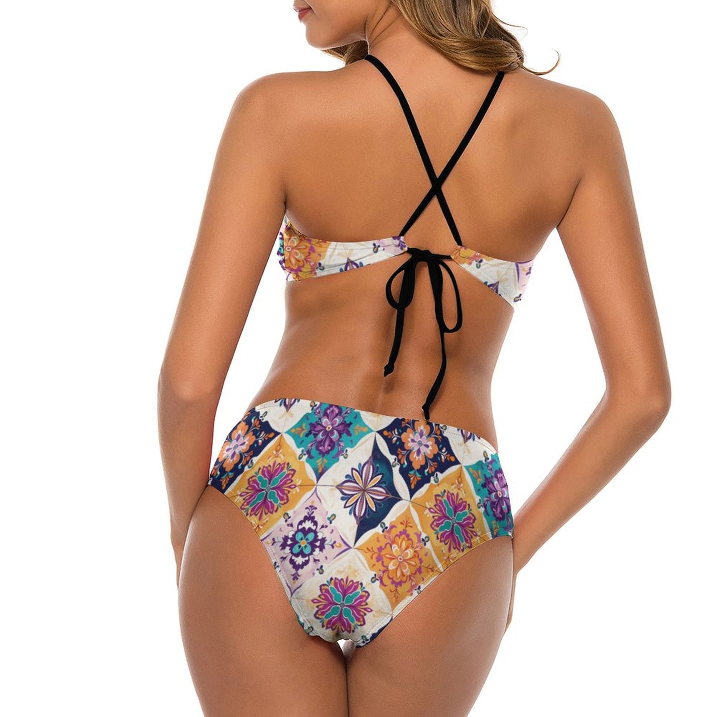 Women's Two piece Swimsuit with High Neck Halter Top Multlicolor