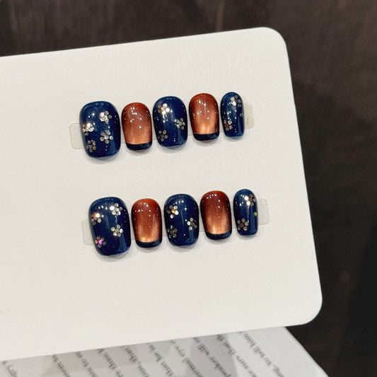 365nails: "Celestial Bloom" – Hand-Painted Floral & Metallic Handmade Short Square Nails