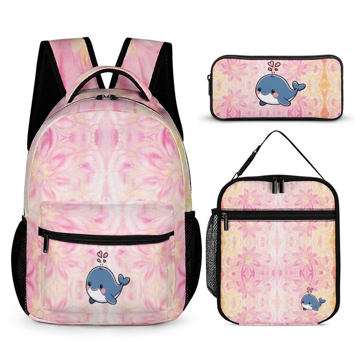 3 Pcs School Backpack Set for Kids (Backpack, Kid's Insulated Lunch Bag & Pencil Case Organizer) - Pink backgroud blue whale