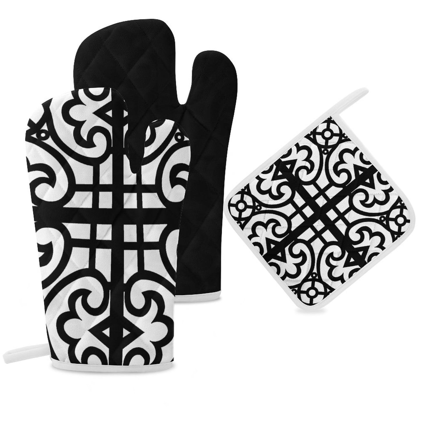 Oven Mitts & Pot Holder Set of 3 Black and White