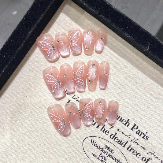 365nails: "Alice's Butterfly" – 3D Hand-Painted Butterfly & Cat Eye Handmade Almond Nails