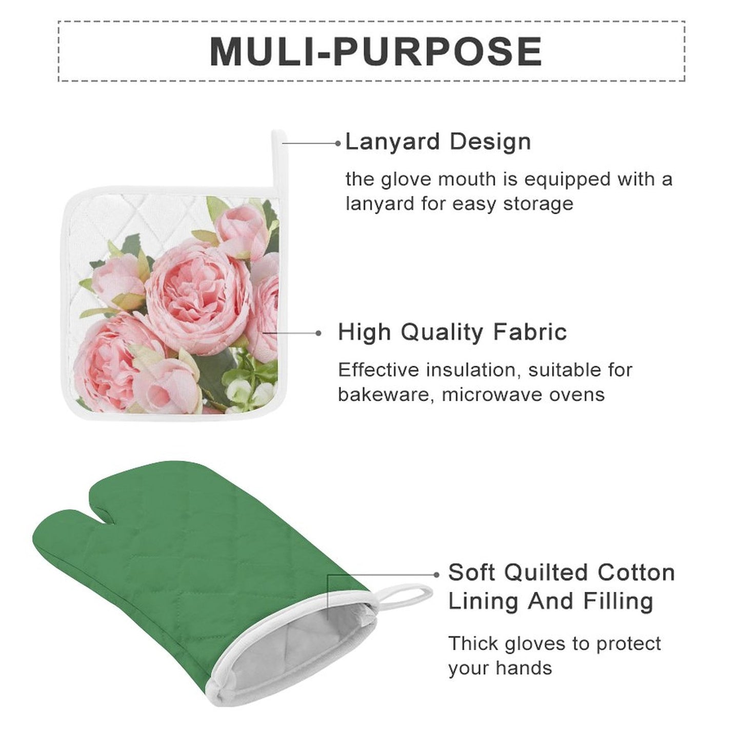 Oven Mitts & Pot Holder Set of 3 Pink flowers