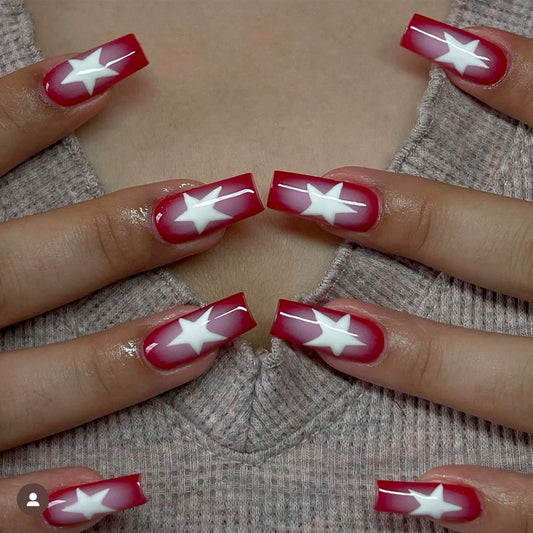 Red French Hot Sale press on nails Patch White Star Pentagram Nail Patch Finished Product Wholesale 365nails