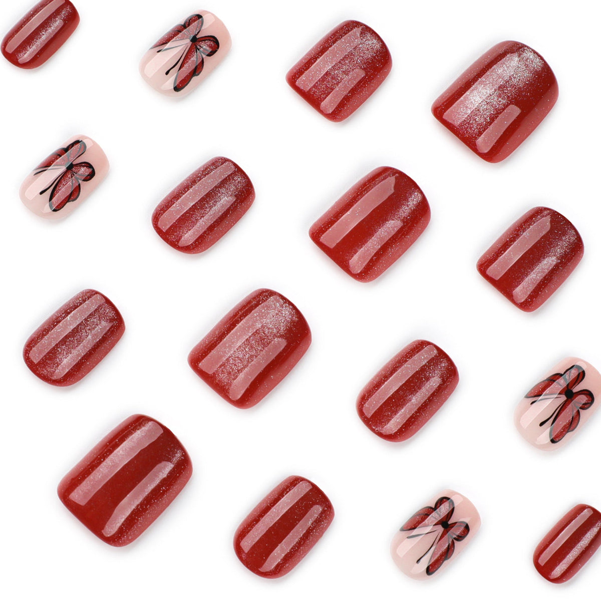 Red cat's eye flashes short square simple butterfly press-on nails – Image 3