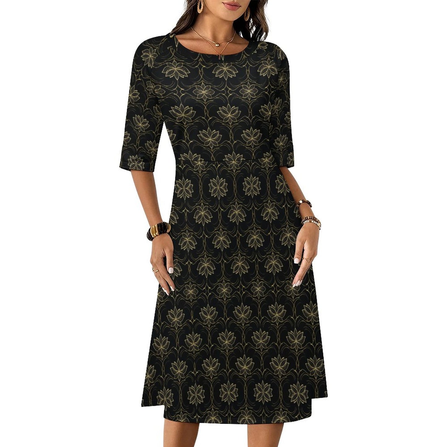 Round Neck 3/4 Sleeve Long Dress