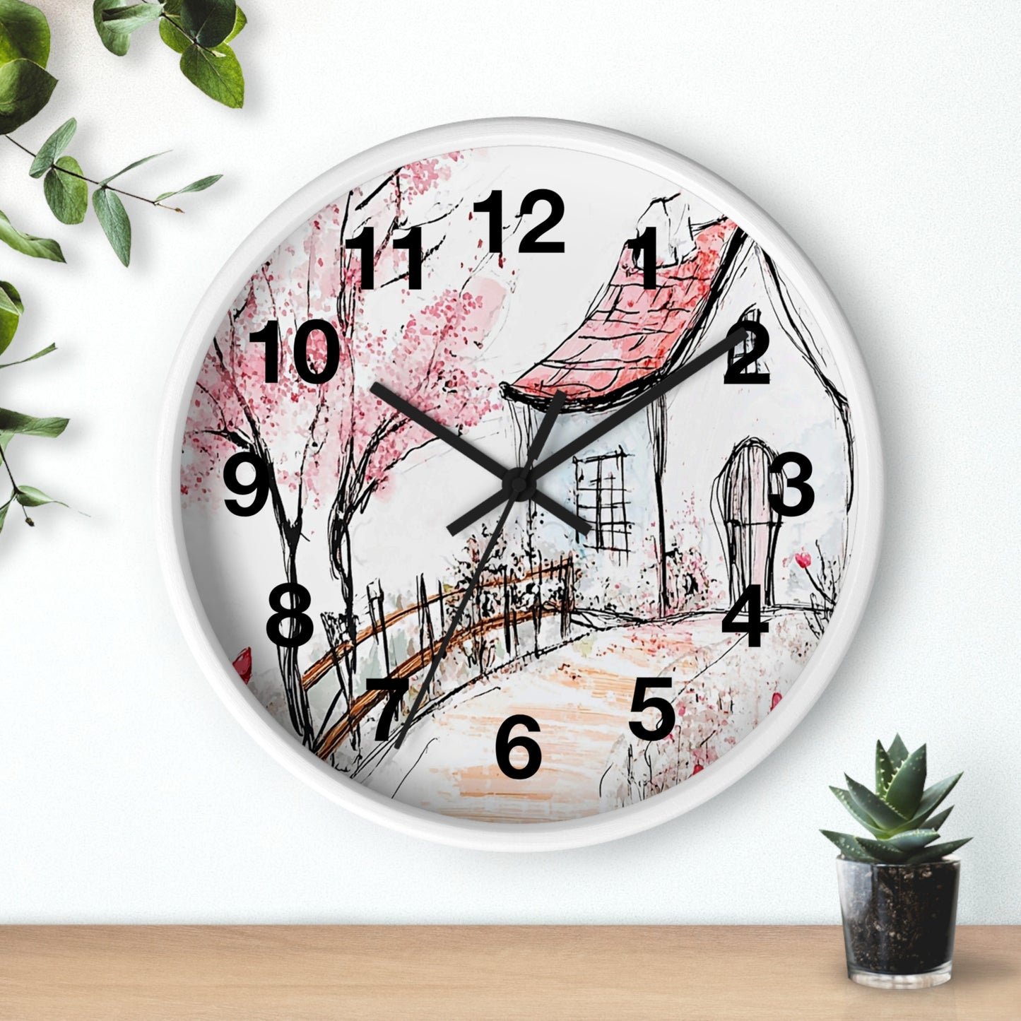 Cottage Garden Wall Clock — Hand-Drawn Pink Blossom Scene