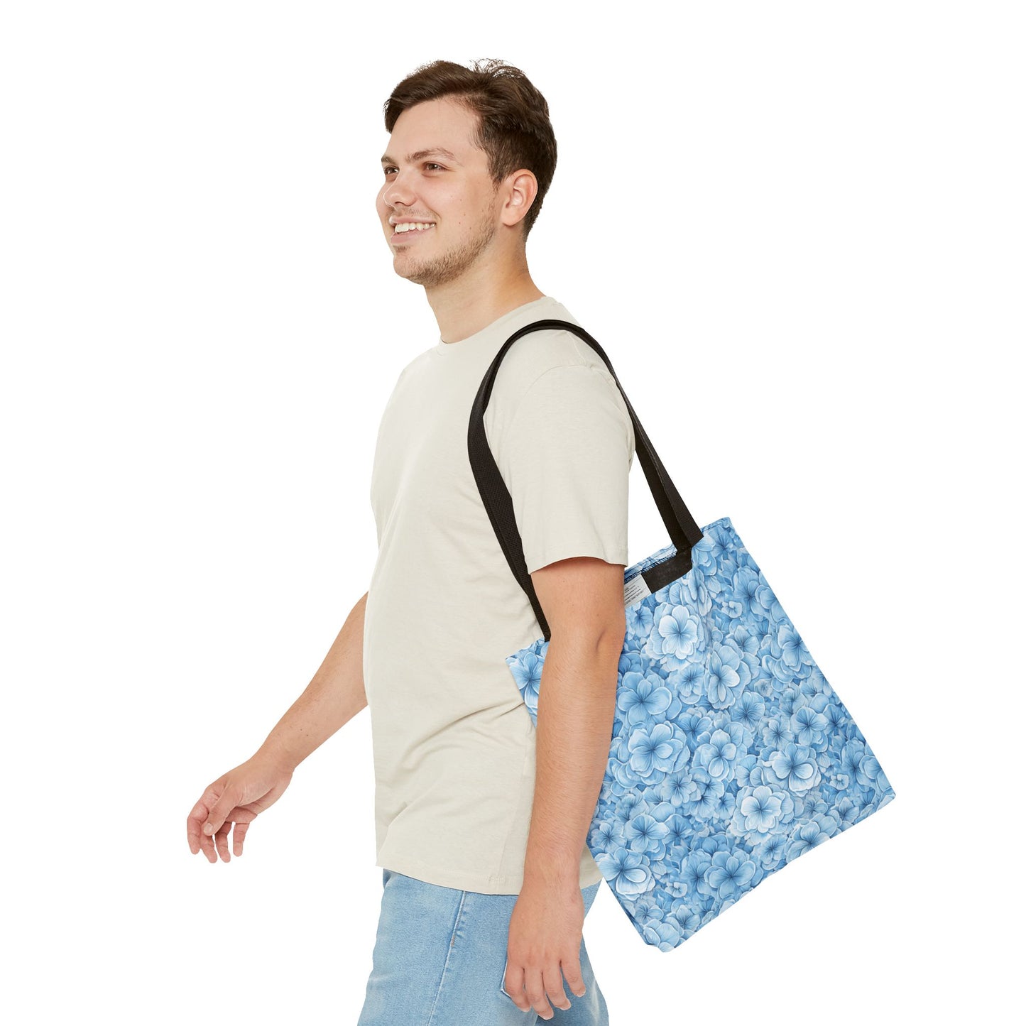 Blue Watercolor Floral Tote Bag — Reusable Flower Pattern Shopper