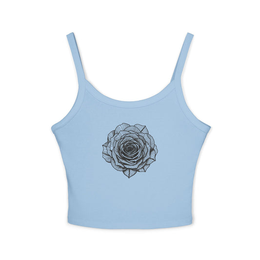 Chic Women's Spaghetti Strap Tank Top with Black Lace Rose Design, Casual Summer Wear, Festival Top, Gift for Her, Layering Essential