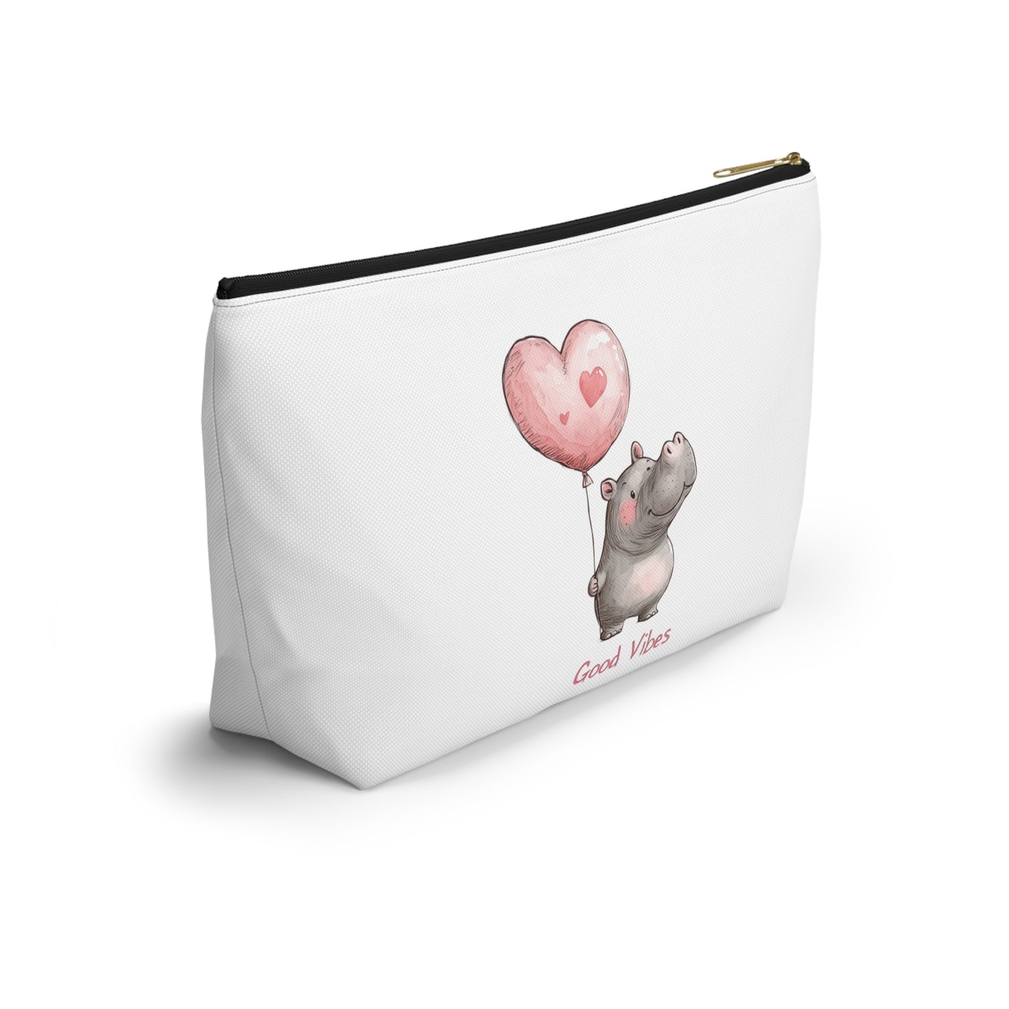 Good Vibes Hippo Accessory Pouch, Cute Makeup Bag, Gift for Animal Lovers, Fun Travel Organizer, Heart Balloon Design