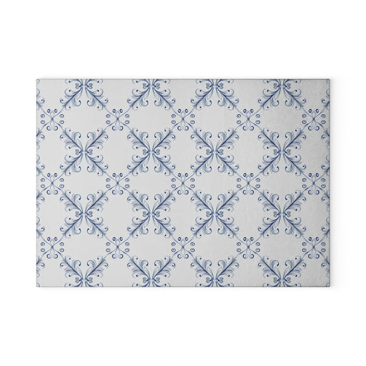 Glass Cutting Board - Blue Floral Vintage Tile Pattern (Elegant Kitchen Décor)