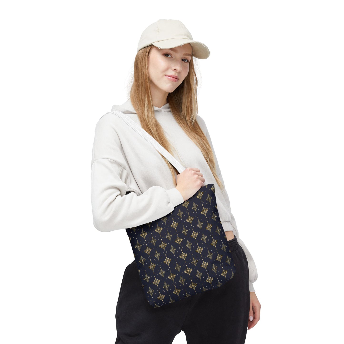 Navy & Gold Art Deco Tote Bag — Elegant Geometric Pattern All-Over Print