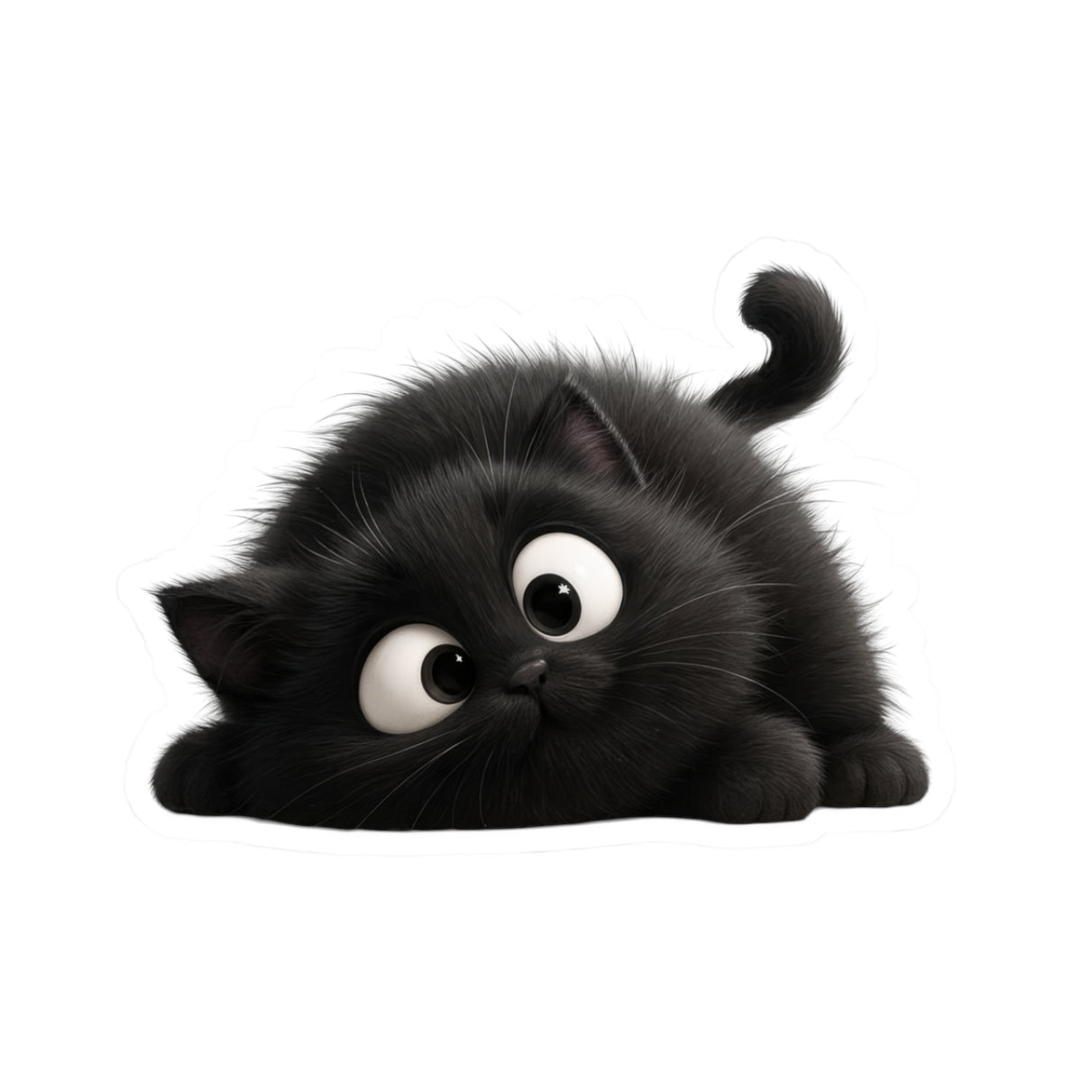 Cute Fluffy Black Kitten Kiss-Cut Sticker — Playful Cat Laptop Decal