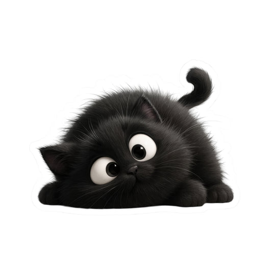 Cute Fluffy Black Kitten Kiss-Cut Sticker — Playful Cat Laptop Decal