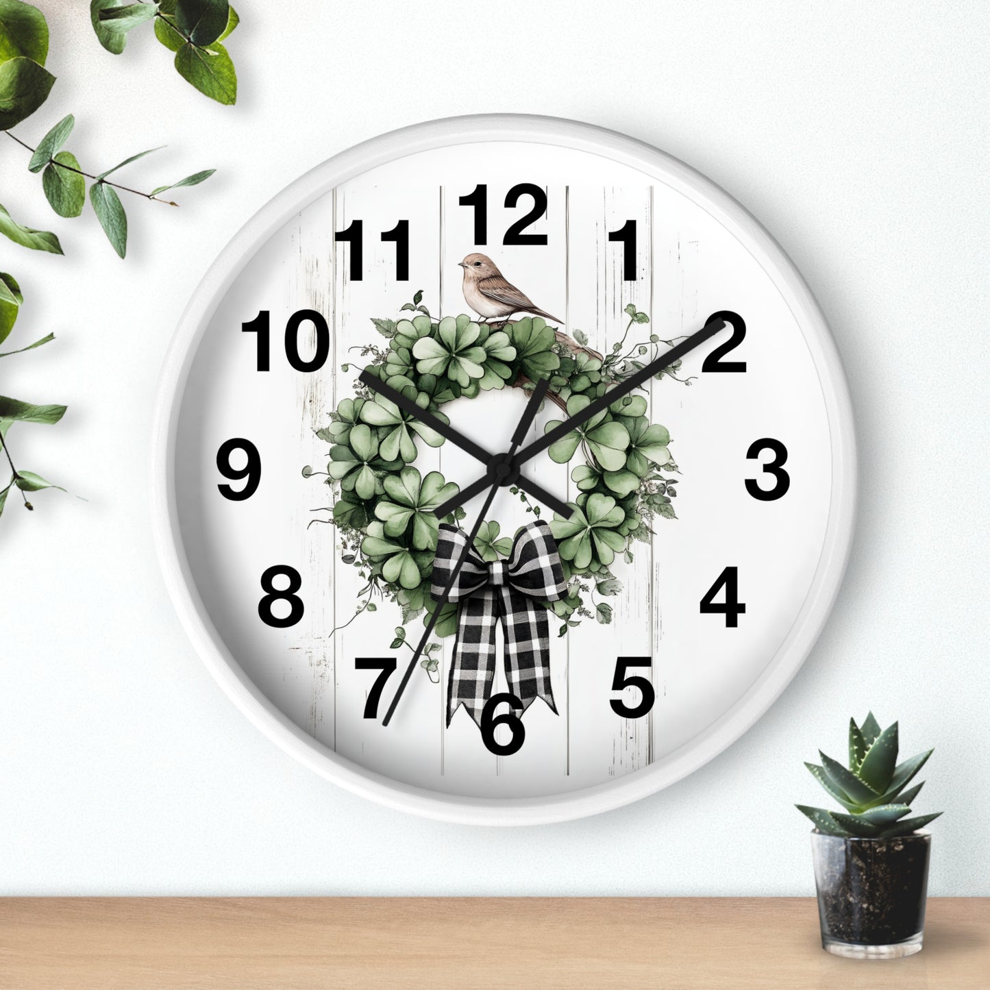 Charming Wreath Wall Clock | Rustic Decor, Bird Lover Gift, Spring Theme, Home Accent, Clovers & Bow