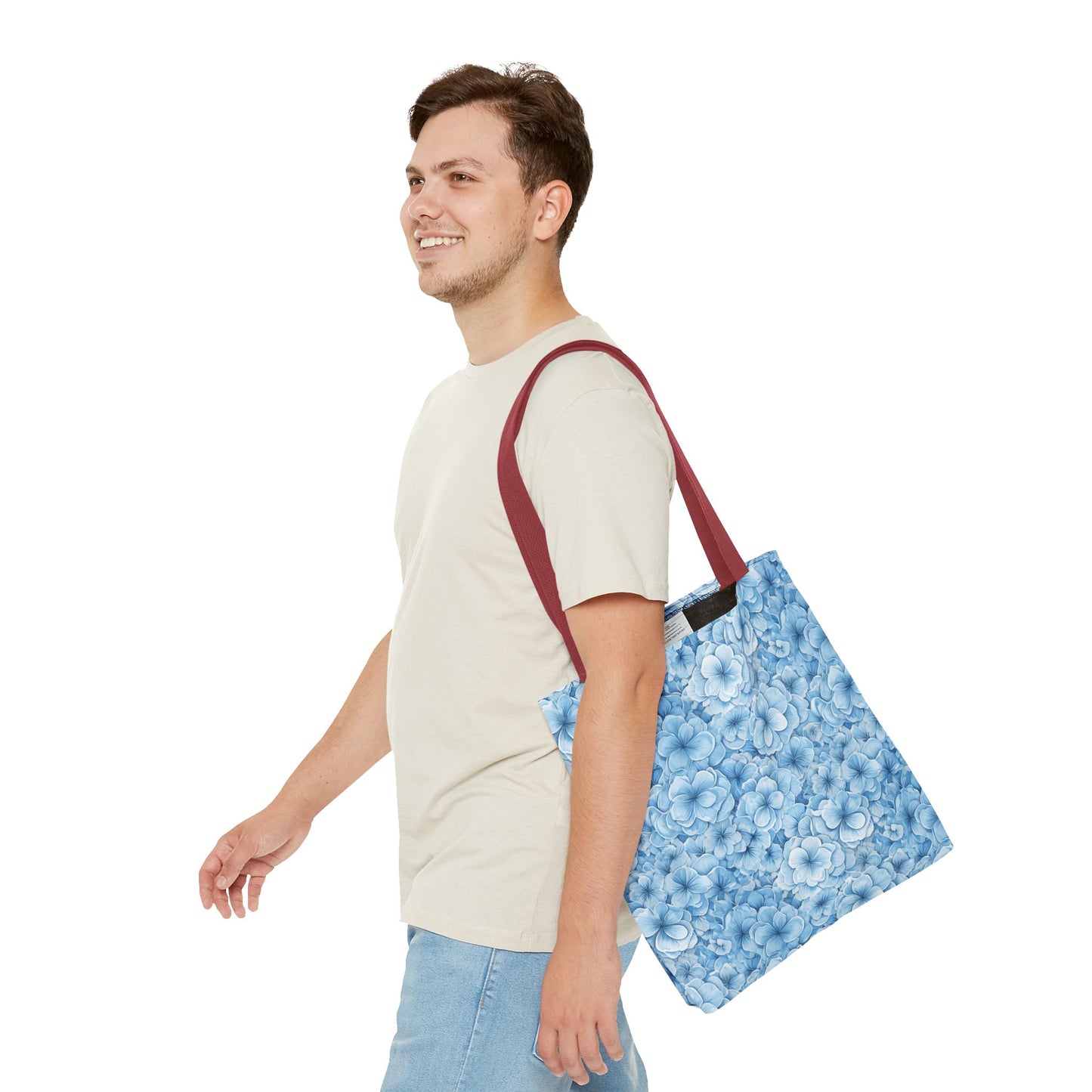 Blue Watercolor Floral Tote Bag — Reusable Flower Pattern Shopper