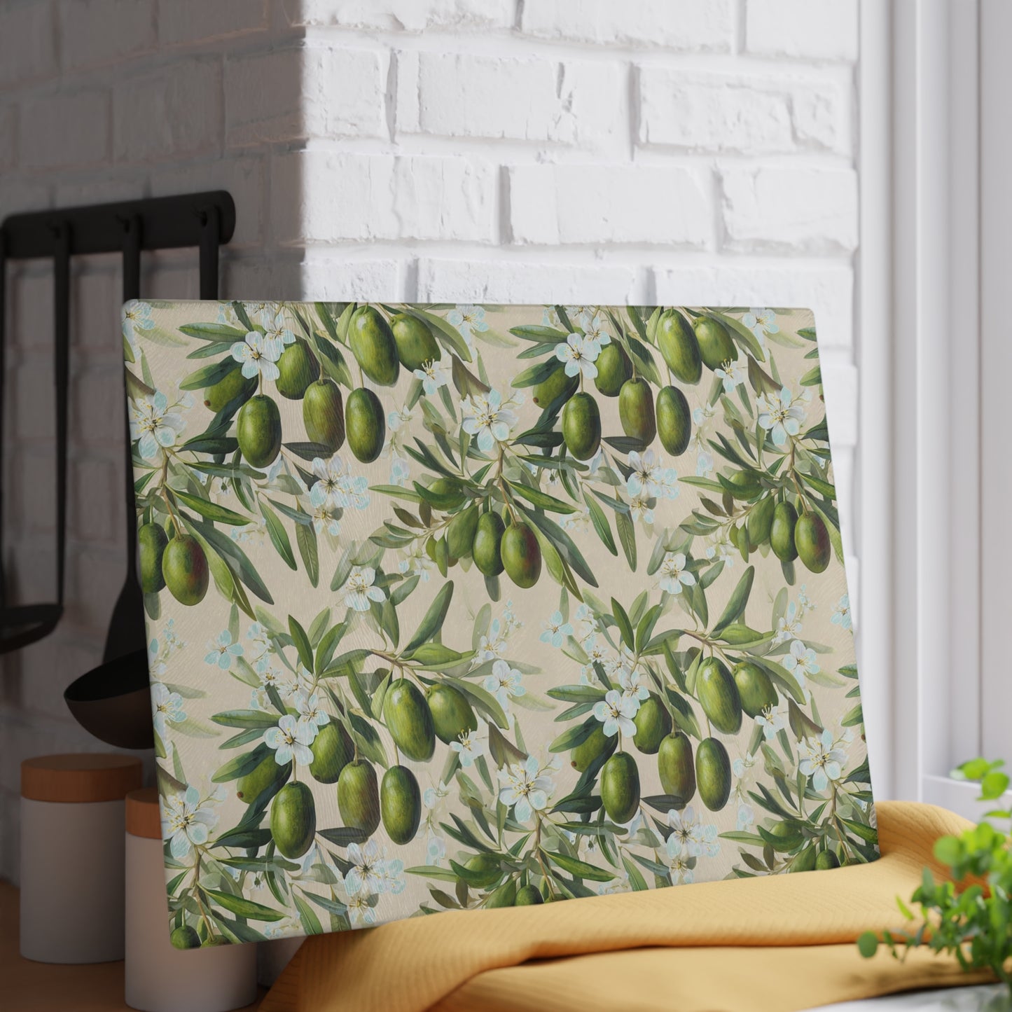 Olive Branch Glass Cutting Board — Mediterranean Kitchen Decor