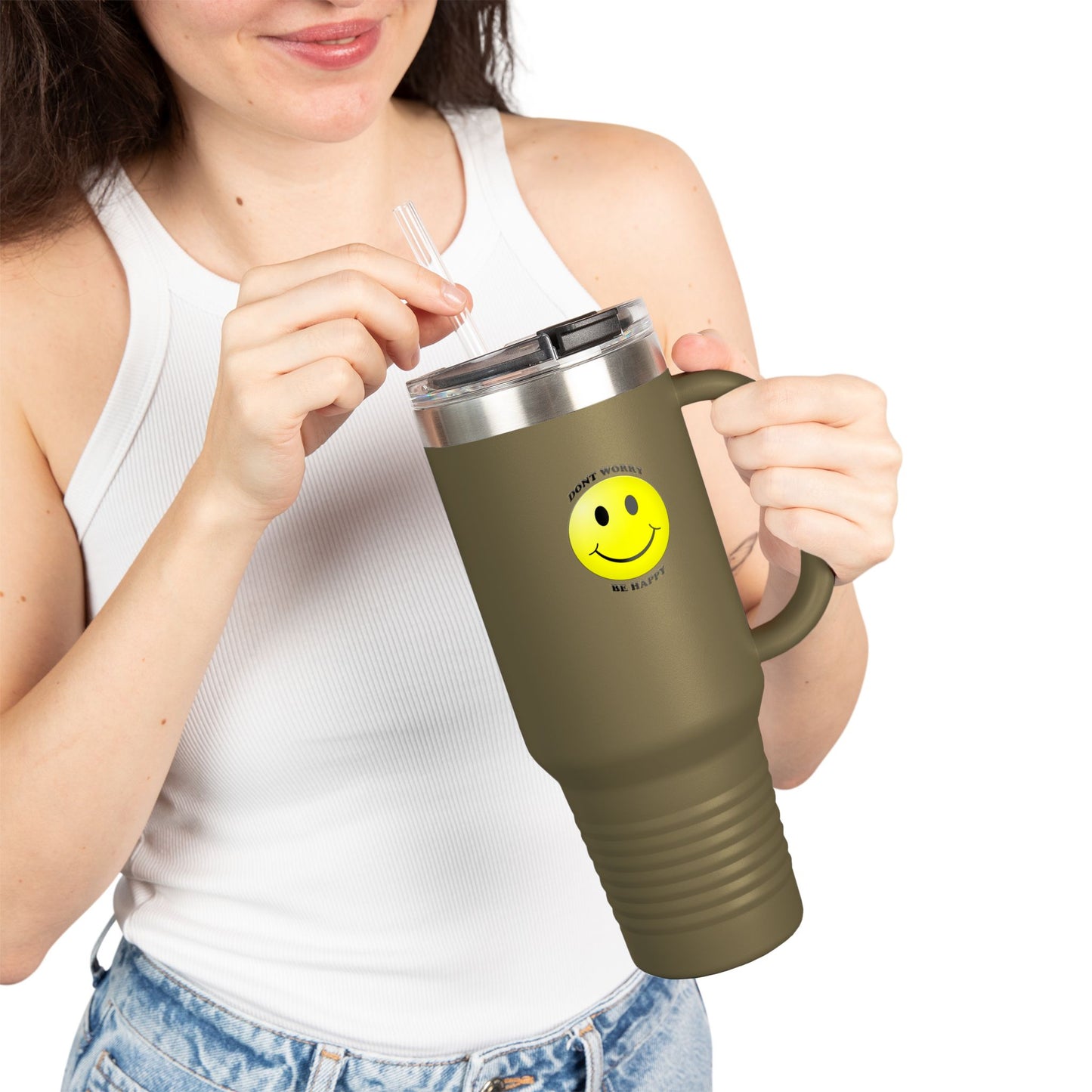 Happy Face Insulated Travel Mug | 40oz, Summer Vibes, Gift for Coffee Lovers, Home Office Essential, Brighten Your Day