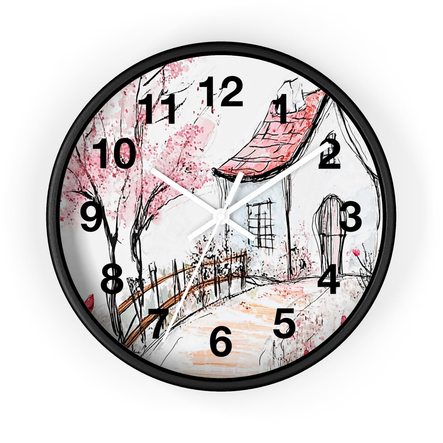 Cottage Garden Wall Clock — Hand-Drawn Pink Blossom Scene