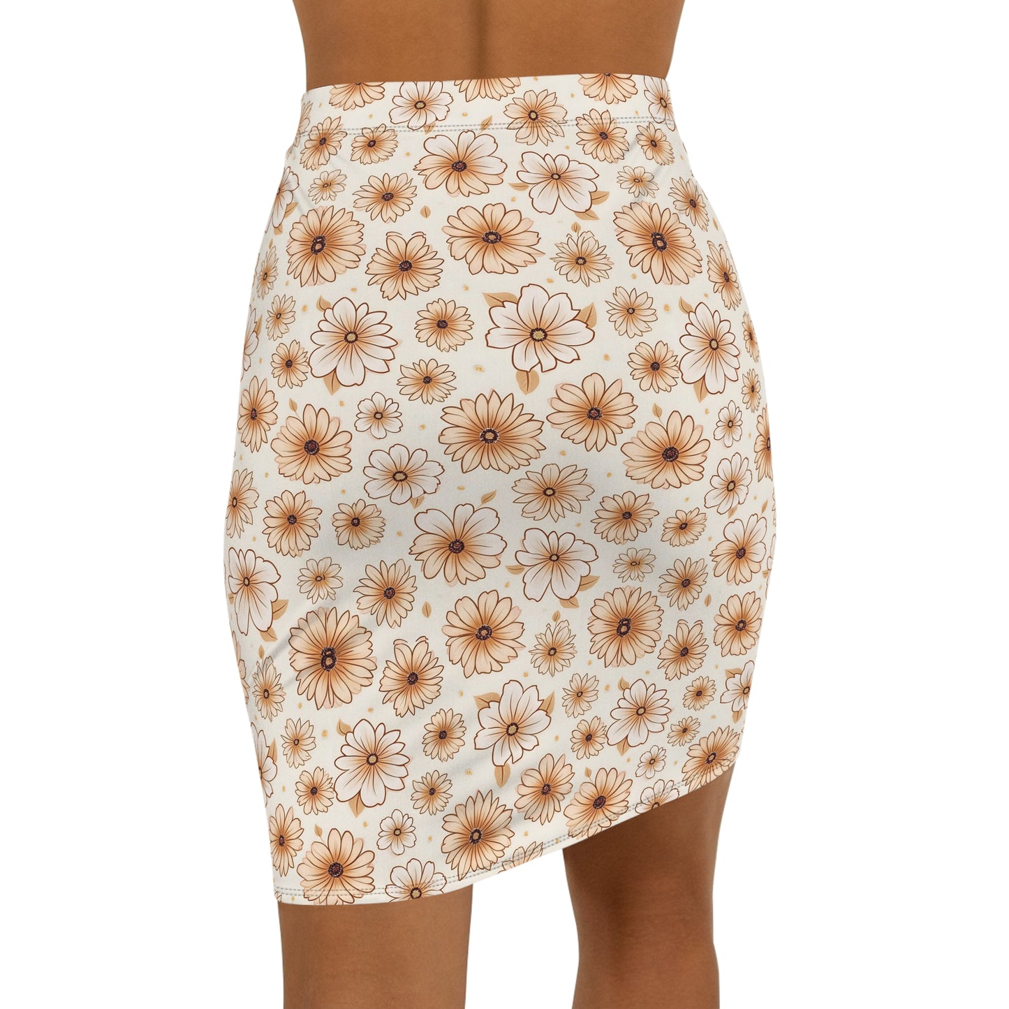 Beige Daisy Floral Pencil Skirt — Mid-Waist Spring/Summer Floral Print