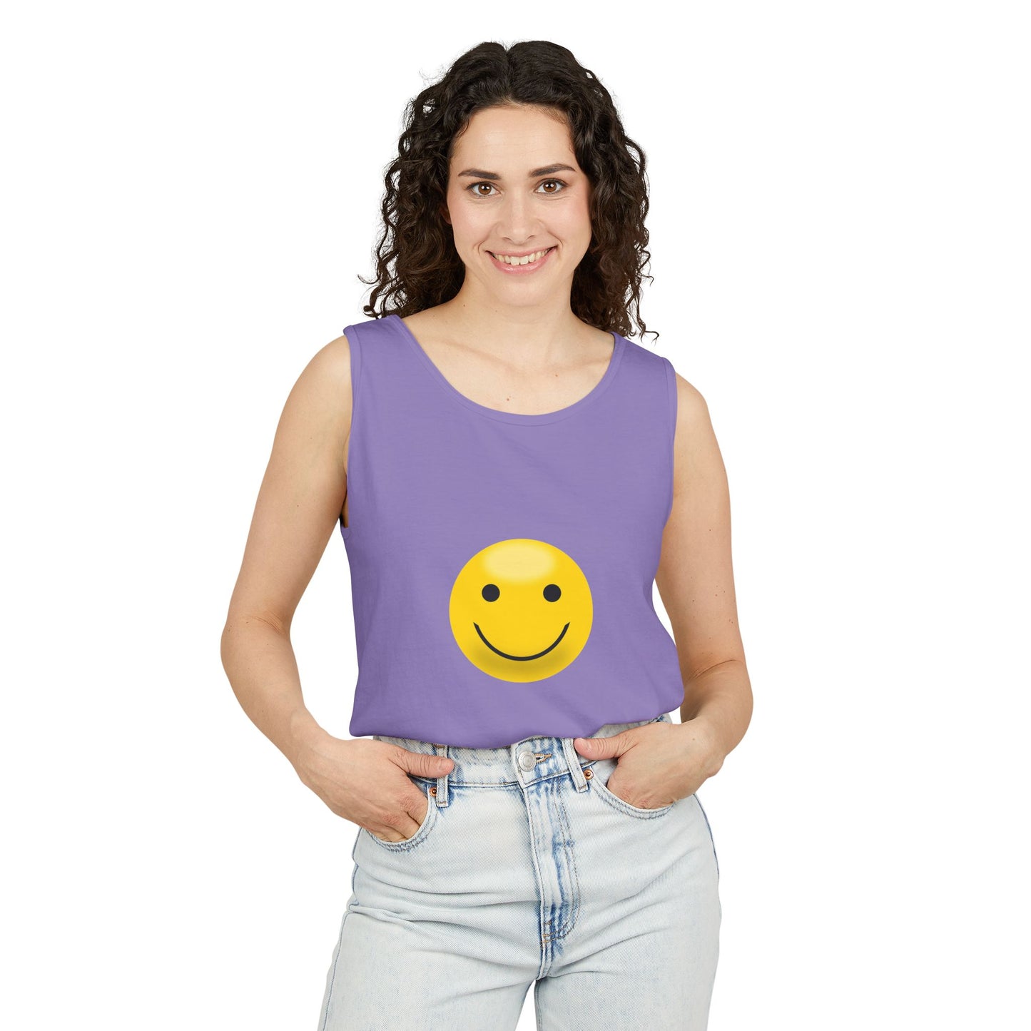 Smiley Face Tank Top, Summer Shirt, Casual Wear, Beach Outing, Gift for Friends, Positive Vibes Apparel