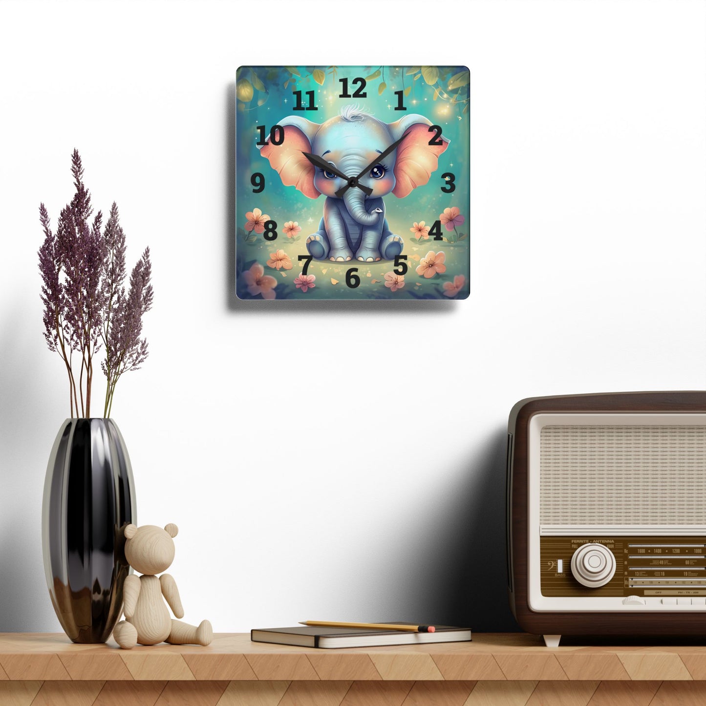 Cute Elephant Acrylic Wall Clock, Colorful Nursery Decor, Kids Room
