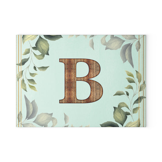 Monogram Glass Cutting Board - Botanical Initial "B" with Rustic Wood Letter