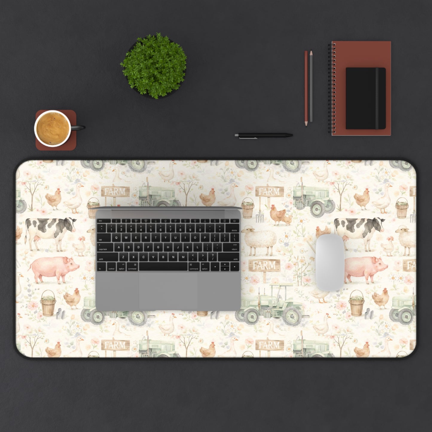 Farmhouse Animals Desk Mat — Vintage Tractor, Pig & Chicken Pattern