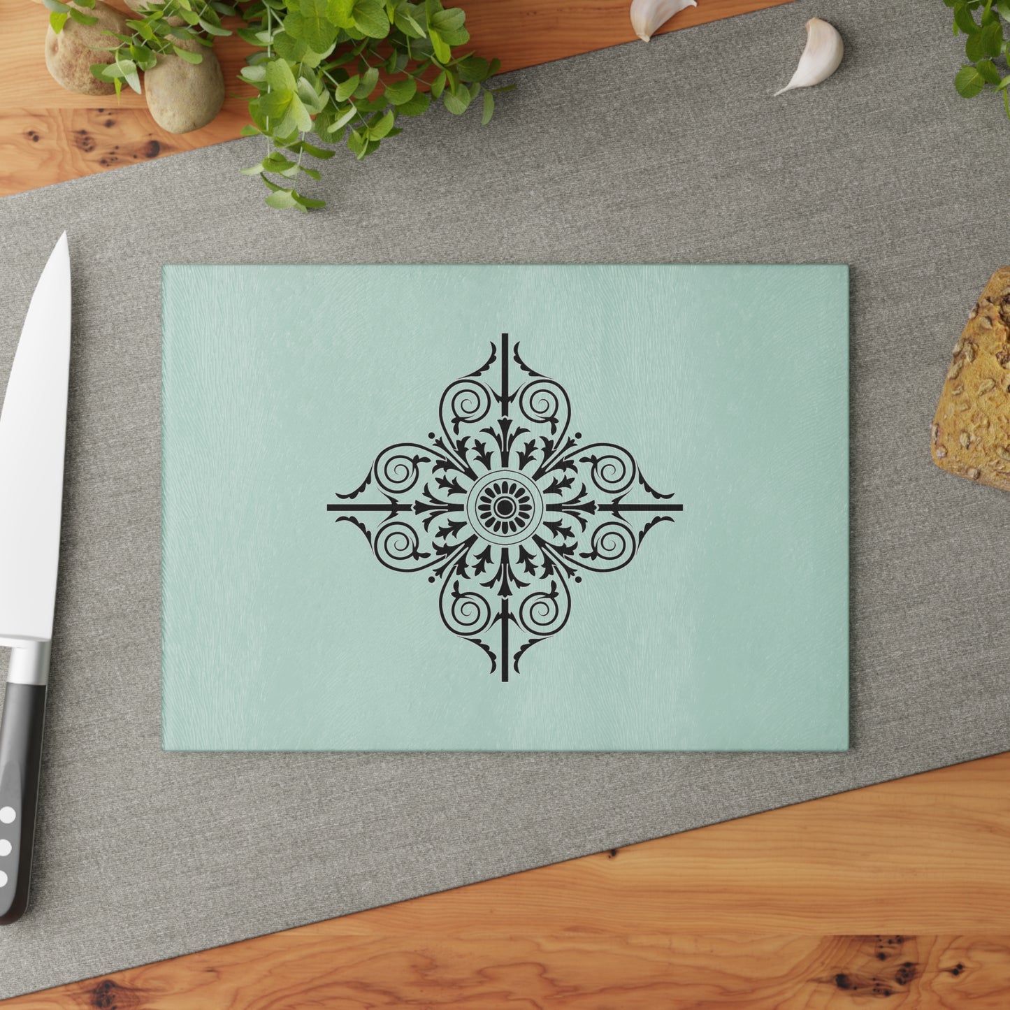 Mint Floral Medallion Glass Cutting Board — Decorative Kitchen Prep Board
