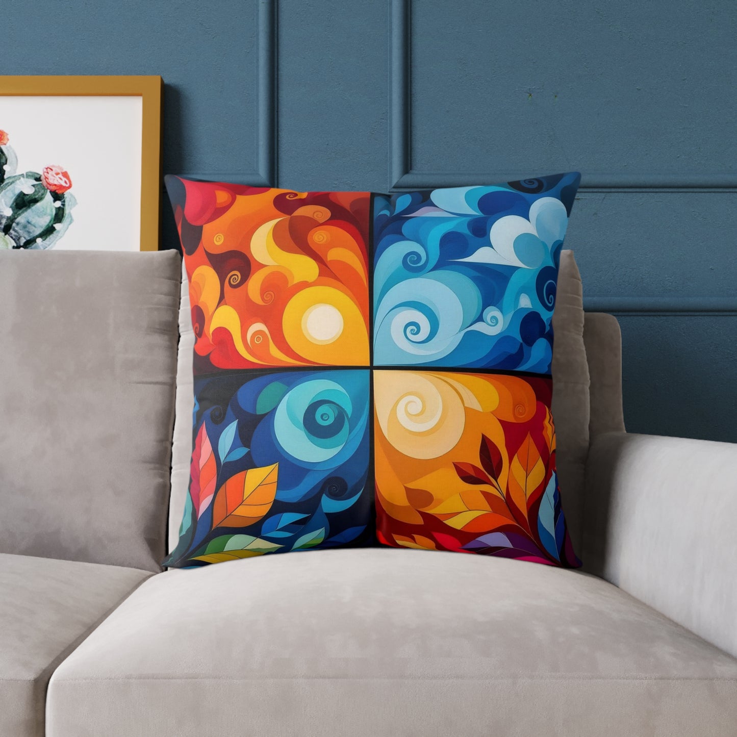 Abstract Seasons Square Pillow — Colorful Four-Panel Decorative Throw Pillow