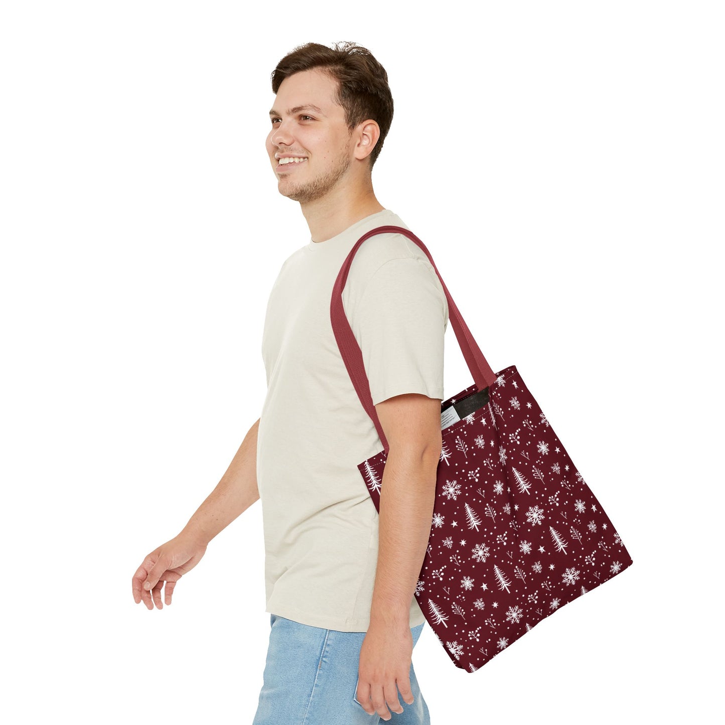 Christmas Snowflake Tote Bag – Burgundy Holiday Patterned Carryall