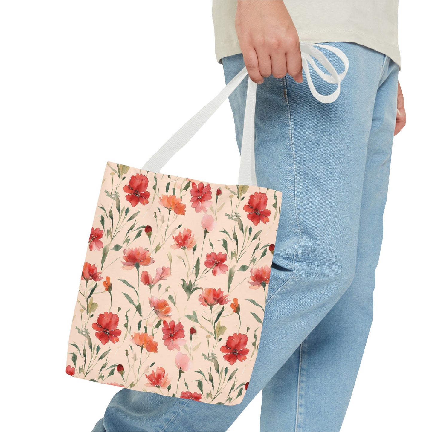 Floral Watercolor Tote Bag — Pink Red Poppy Pattern All-Over Print