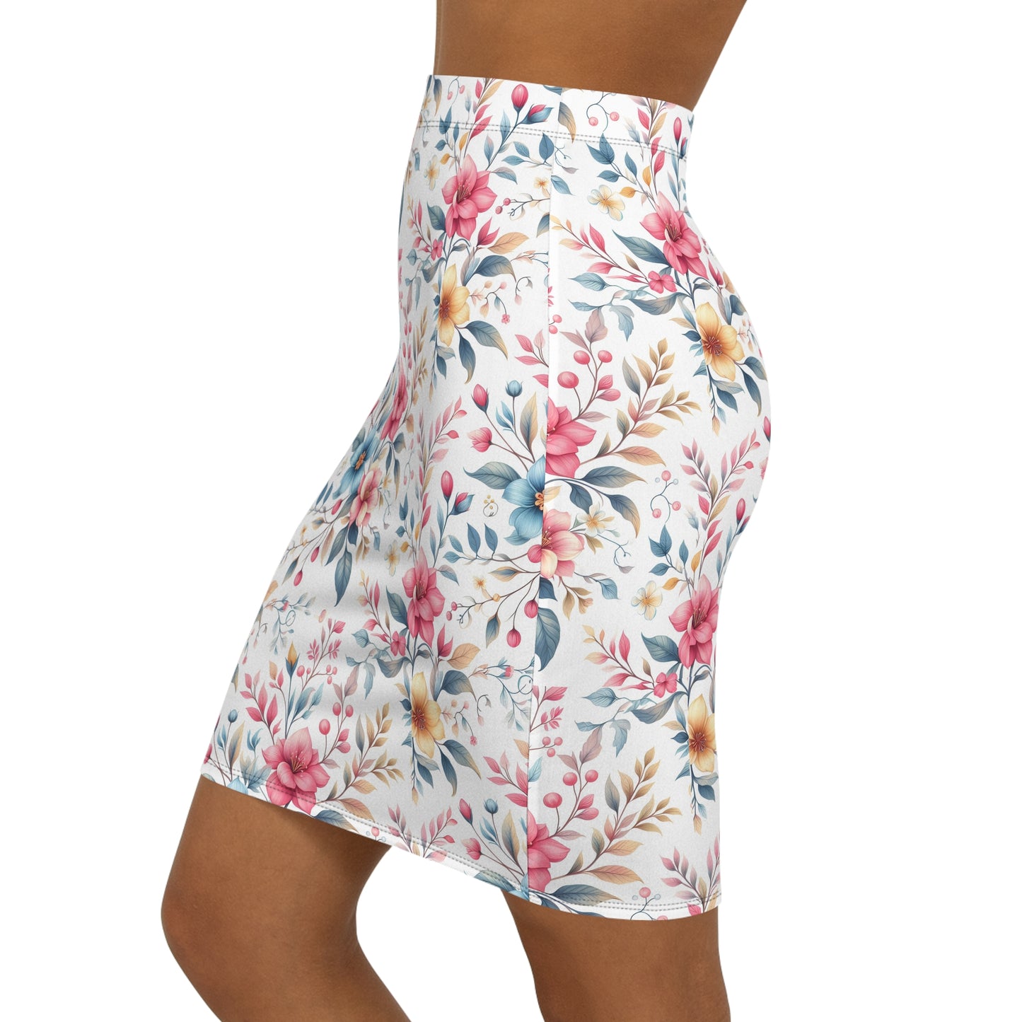 Floral Watercolor Pencil Skirt — Pastel Bouquet Mid‑Waist Women's Skirt