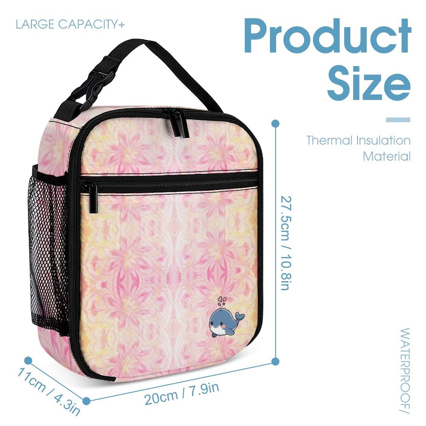 3 Pcs School Backpack Set for Kids (Backpack, Kid's Insulated Lunch Bag & Pencil Case Organizer) - Pink backgroud blue whale